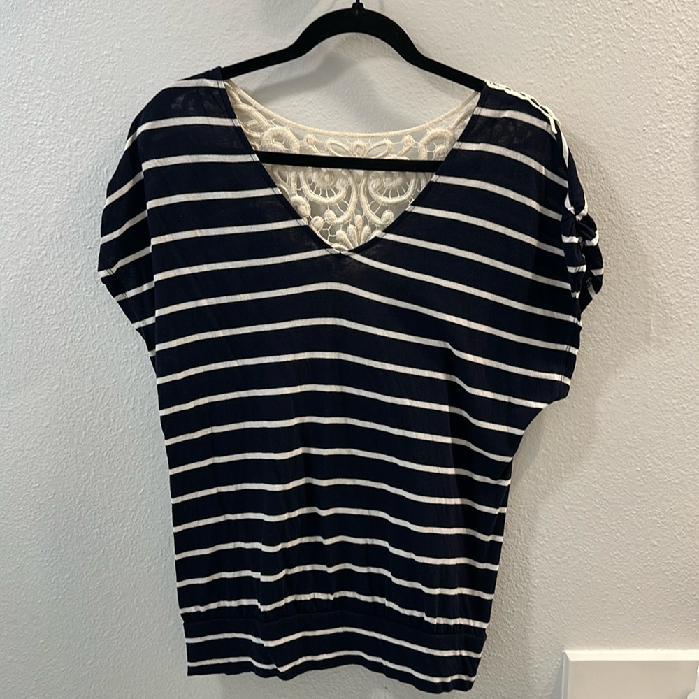 Express cap-sleeve striped shirt with lace back detail